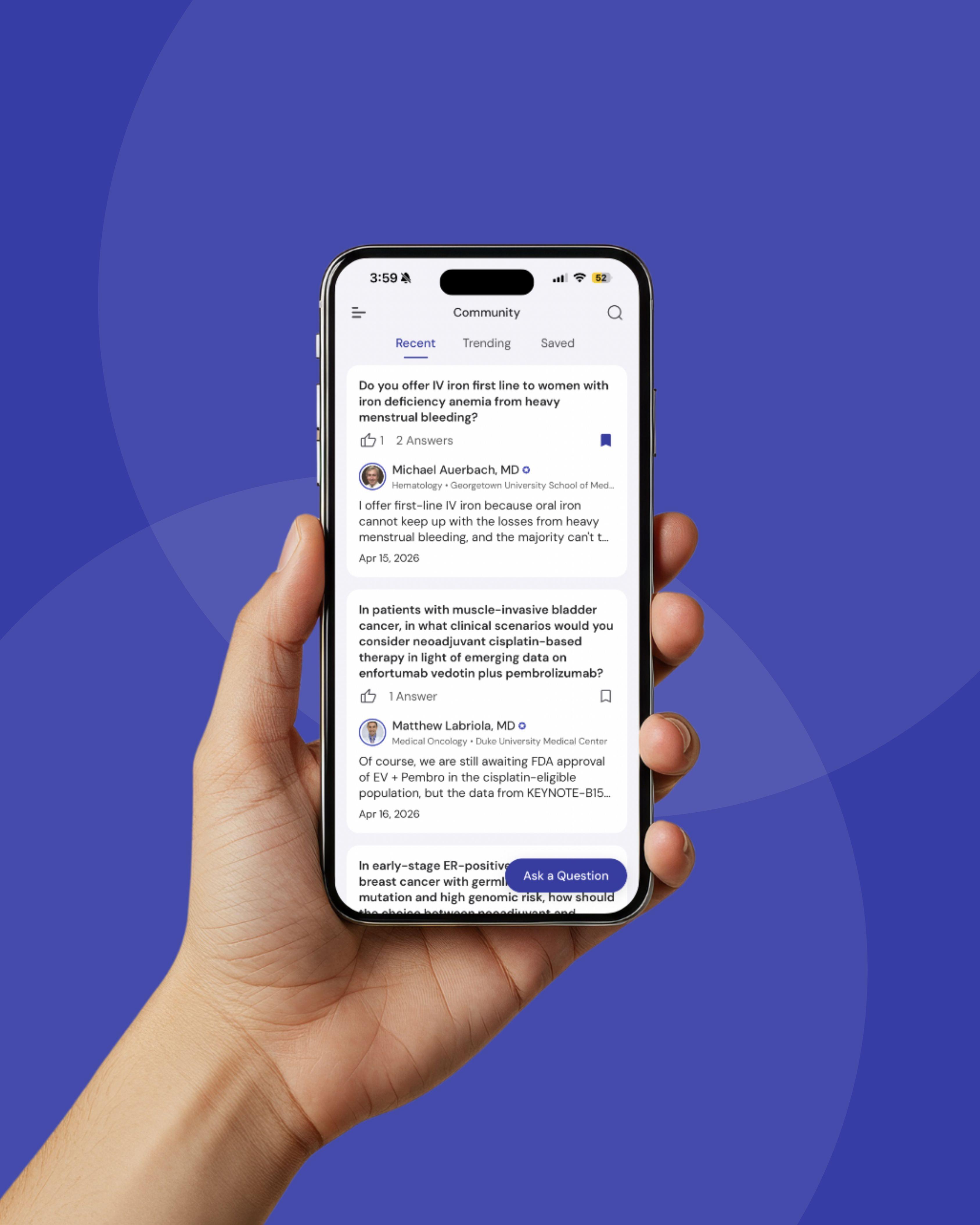 The Mednet app showing the community question feed